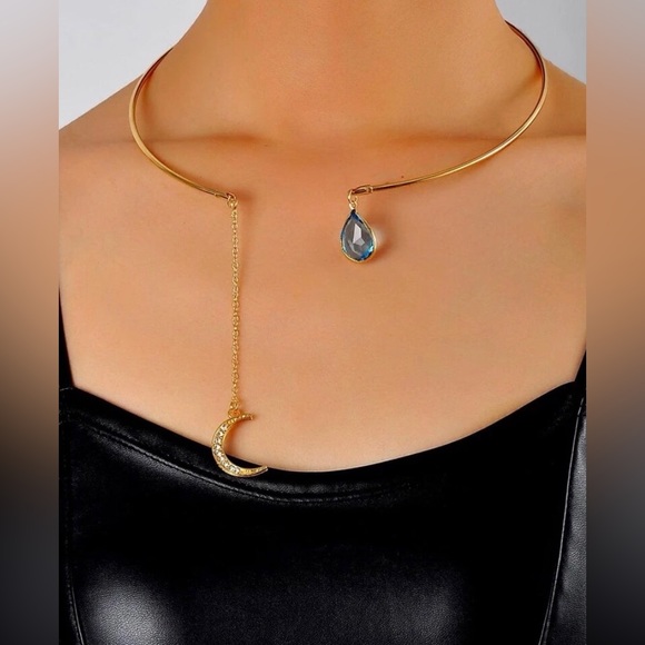 ✨3for$38 New Golden Boho Open Collar Rhinestone Moon Blue Jewel Necklace - Picture 11 of 15